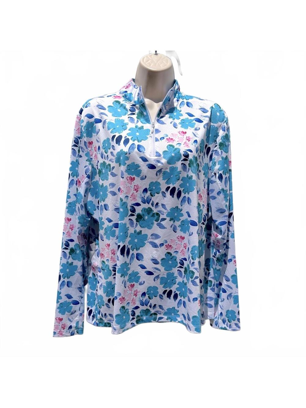 GOTTEX Long Sleeve Floral 1/4 Zip Mockneck Golf Tennis Outdoor Sun Shirt | Sz XL